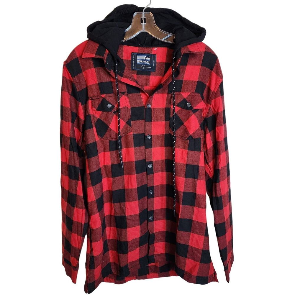 Monument Red/Black Plaid Buttondown Hooded Jacket, Large